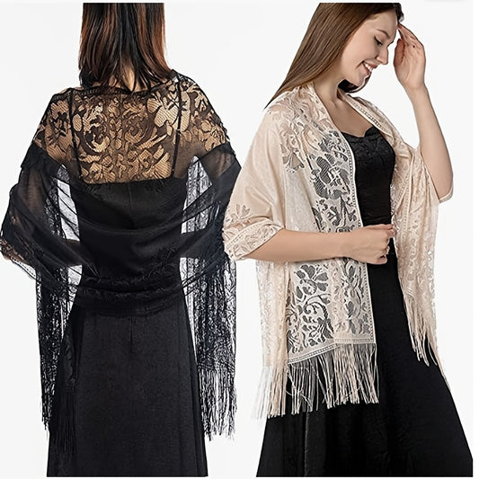 [Floral Lace Scarf With Tassels] Ladies Women's Floral Lace Scarf Shawl With Tassels, Soft Mesh Fringe Wraps Bridal Shawl For Wedding Evening Party Dresses