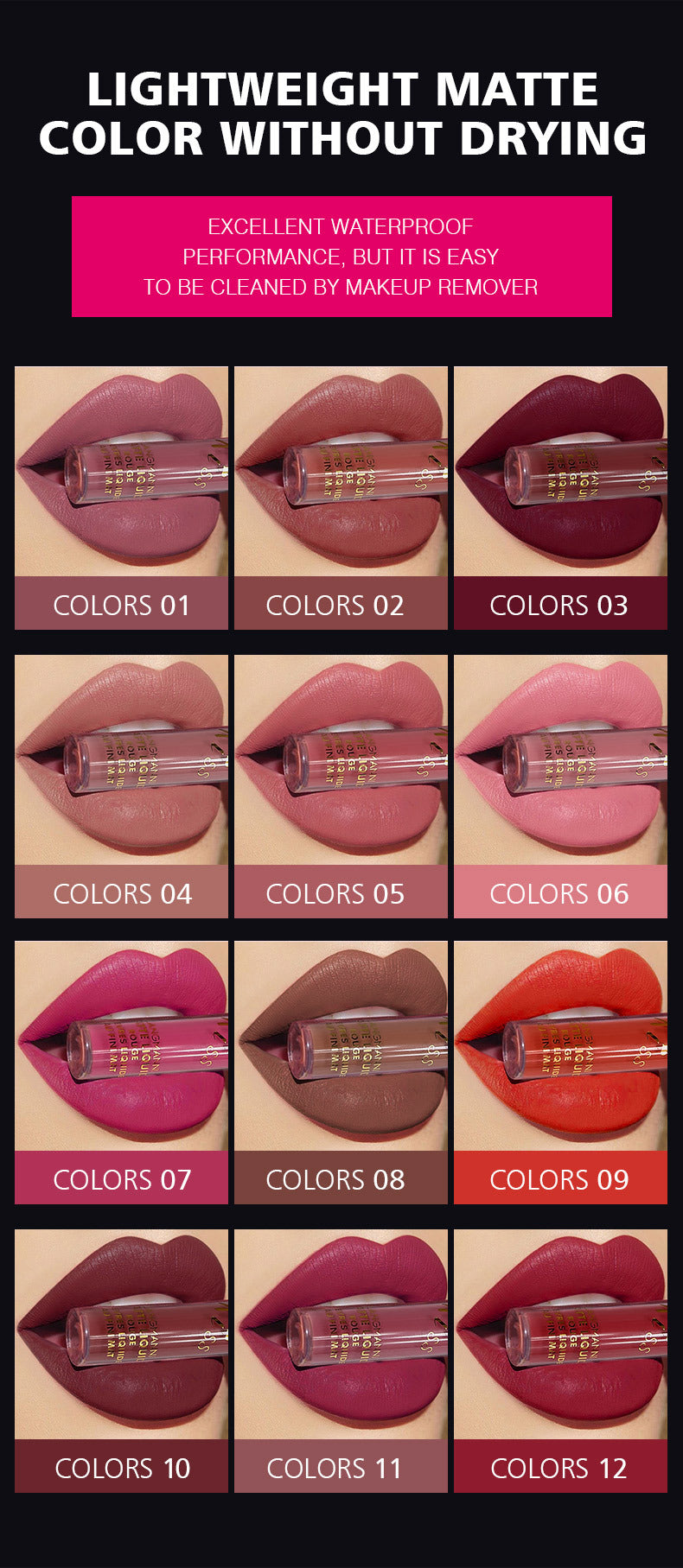 12 Colors Waterproof Long Lasting Lipstick, Natural Matte Sexy Moist Lip Gloss Nude Glitter Beauty Red Lip Tint for Valentine's Day Gifts and Music Festival