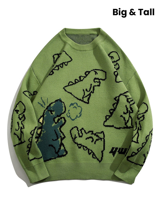 YWFG Unisex Casual Loose Fit Sweater - Black with Blue Dinosaur & Cloud Design, Long Sleeve Round Neck Pullover for Men & Women, Cozy Fall/Winter Knitwear, Dinosaur Clothes, Fall Winter Apparel, Playful Graphic Design, Comfor