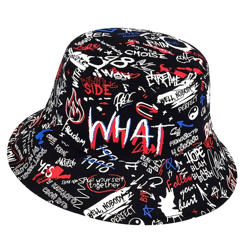 1 Men's "What" Graffiti-Style Bucket Hat - Streetwear Polyester, Hand-Washable, Black with Colorful Typography & Graphics, Perfect for Trendy Outfits