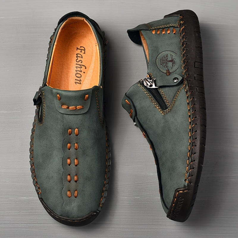 [Vintage Loafers] Brown & Black Men's Vintage Loafers | Handmade Synthetic Shoes with Zipper Closure, Round Toe & Rubber Sole for Casual & Formal Wear