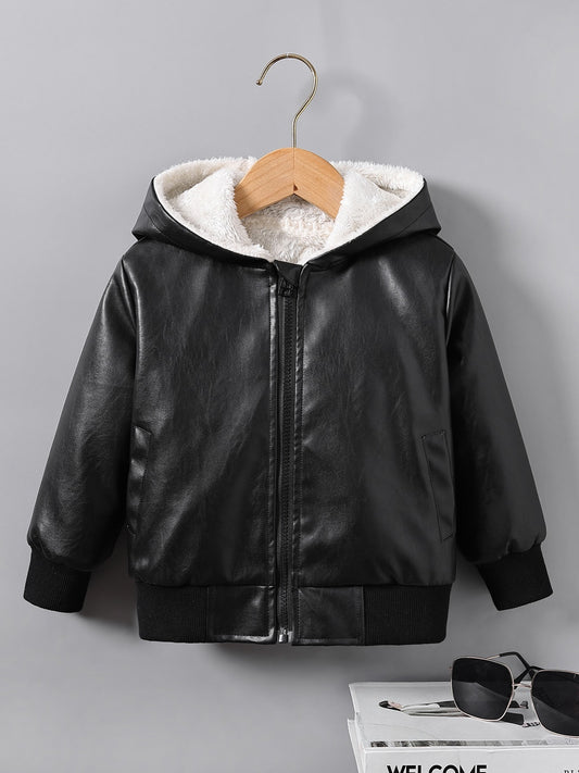 Boys' Faux Leather Jacket with Fleece Lining - Thickened Winter Coat, Full-Zip Front Closure, Machine Washable, Casual Style for Fall/Winter, Regular Fit