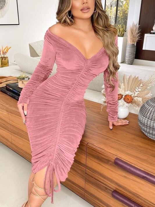Women's Dresses V Neck Off The Shoulder Velvet Ruched Mid - length Dresses - elite sn
