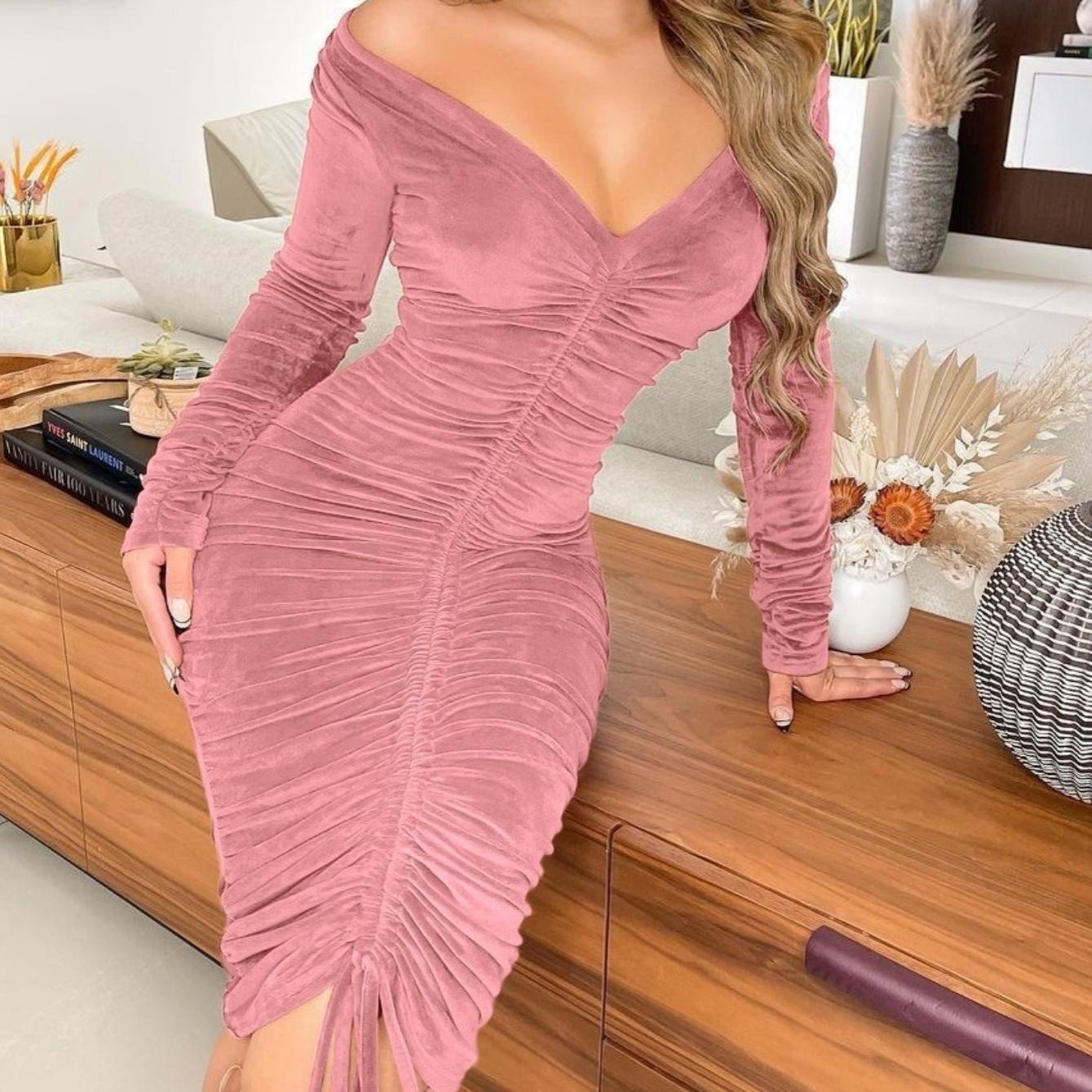 Women&#39;s Dresses V Neck Off The Shoulder Velvet Ruched Mid - length Dresses - elite sn