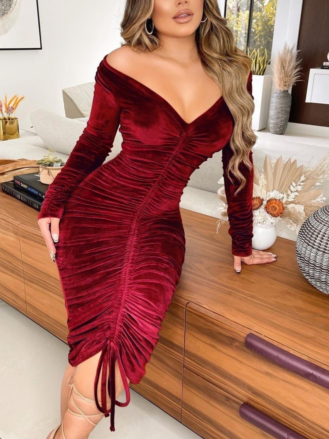 Women&#39;s Dresses V Neck Off The Shoulder Velvet Ruched Mid - length Dresses - elite sn