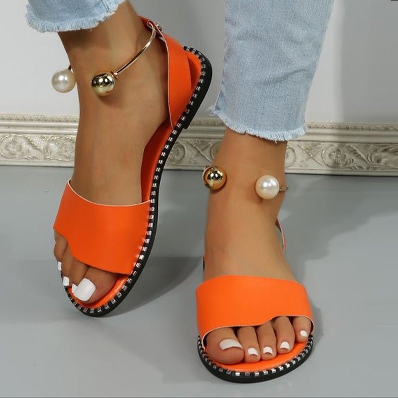 Women's Flat Sandals, Solid Color Beaded Beach Shoes, Slingback Slides for Koningsdag/King's Day - elite sn